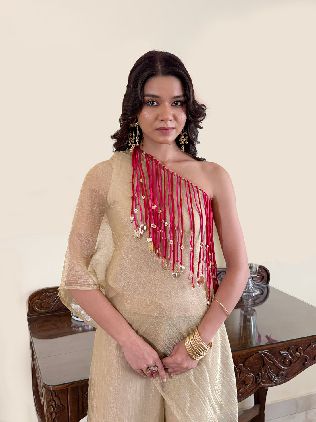 Champagne Gold One-Shoulder Zari Tissue Co-ord Set with Handcrafted Fringe Detail