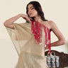Champagne Gold One-Shoulder Zari Tissue Co-ord Set with Handcrafted Fringe Detail