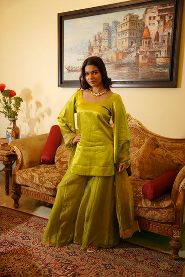 Neon Green Silk Kurta Set with Statement Tie-Up Detailing