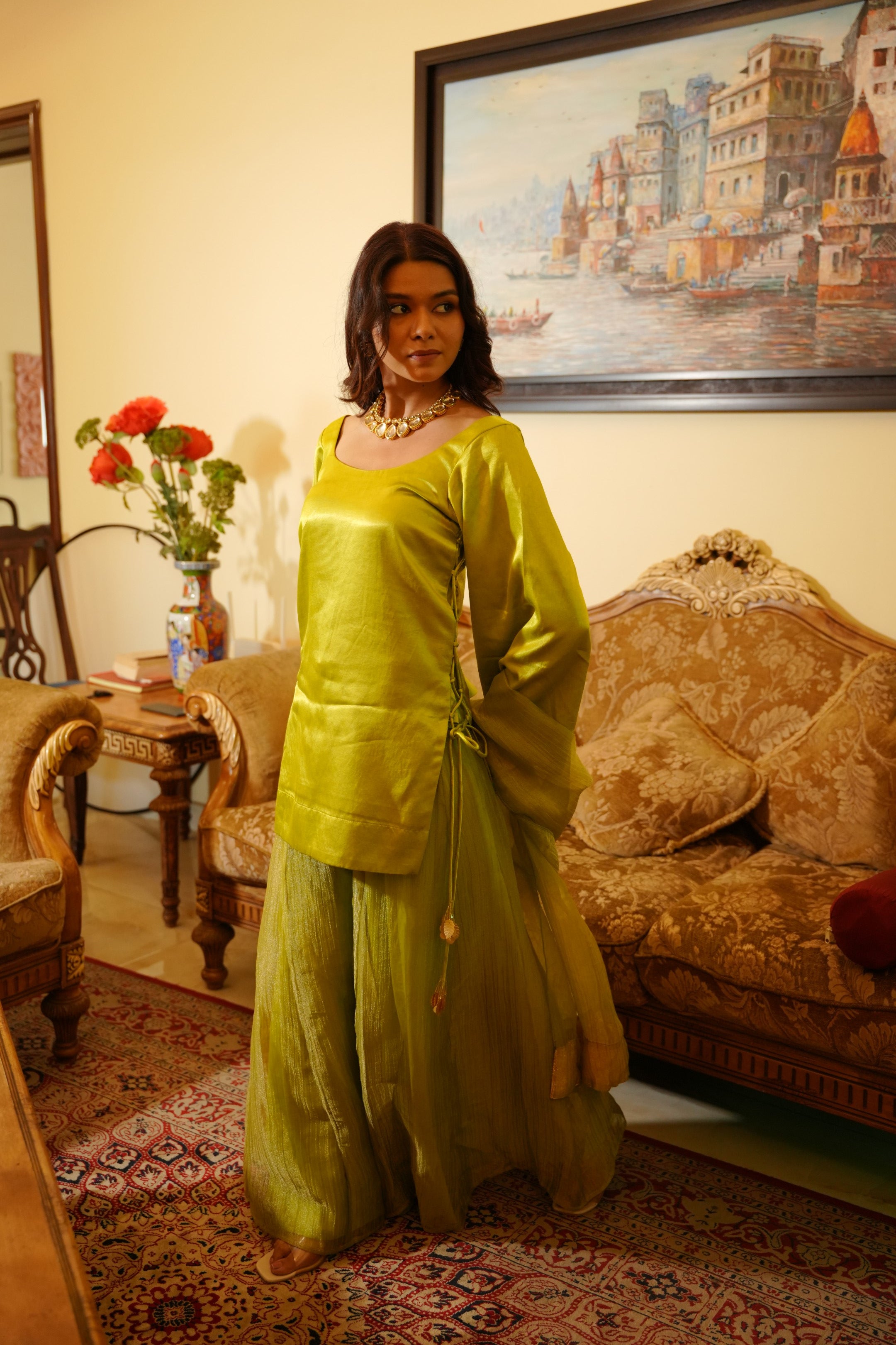 Neon Green Silk Kurta Set with Statement Tie-Up Detailing