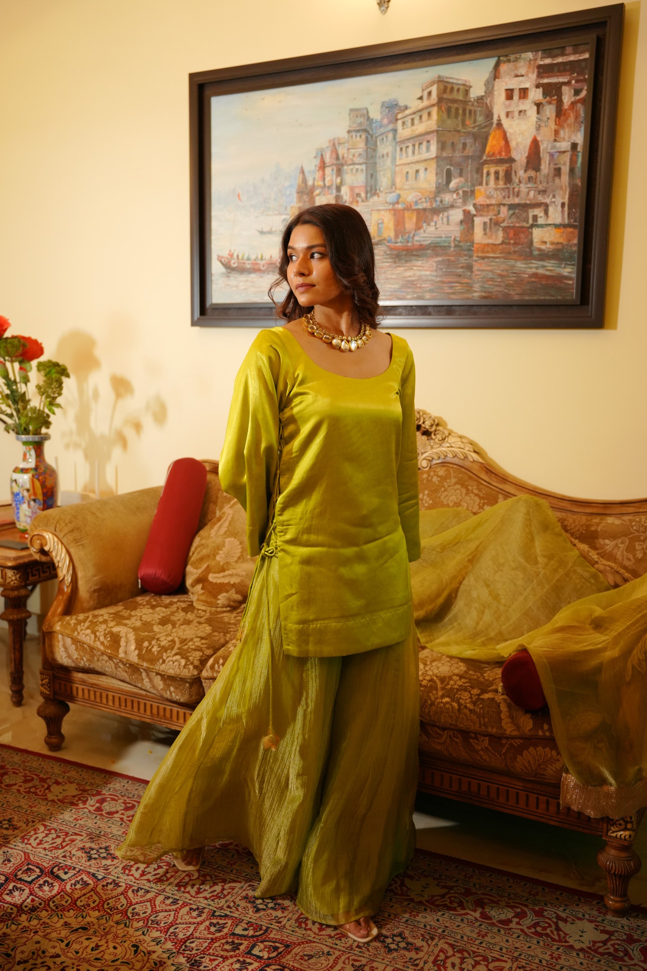 Neon Green Silk Kurta Set with Statement Tie-Up Detailing
