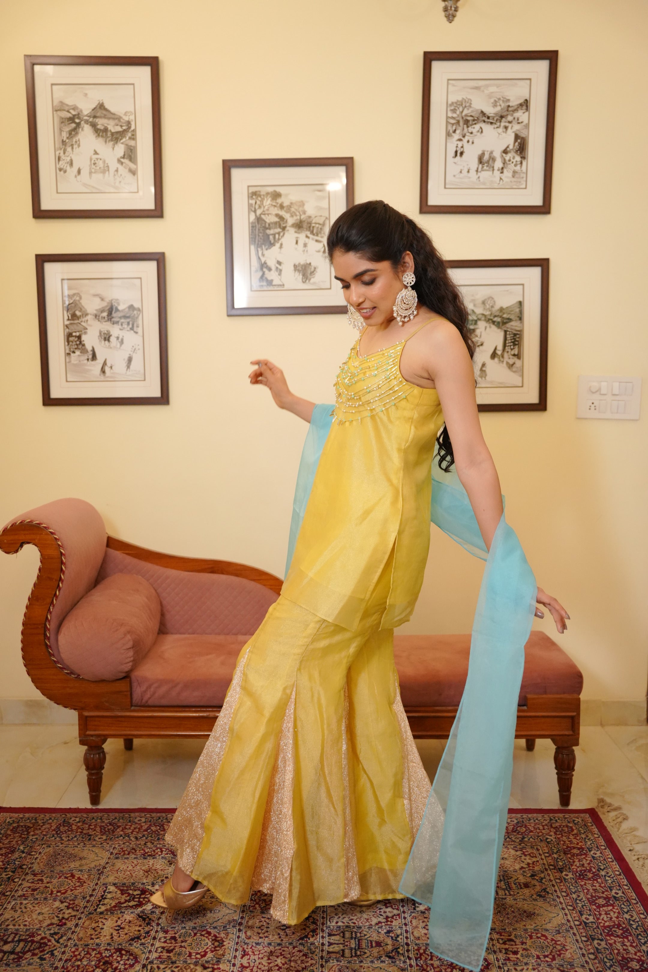 Sunshine Yellow Zari Tissue Kurta Set with Hand-Beaded Neckline
