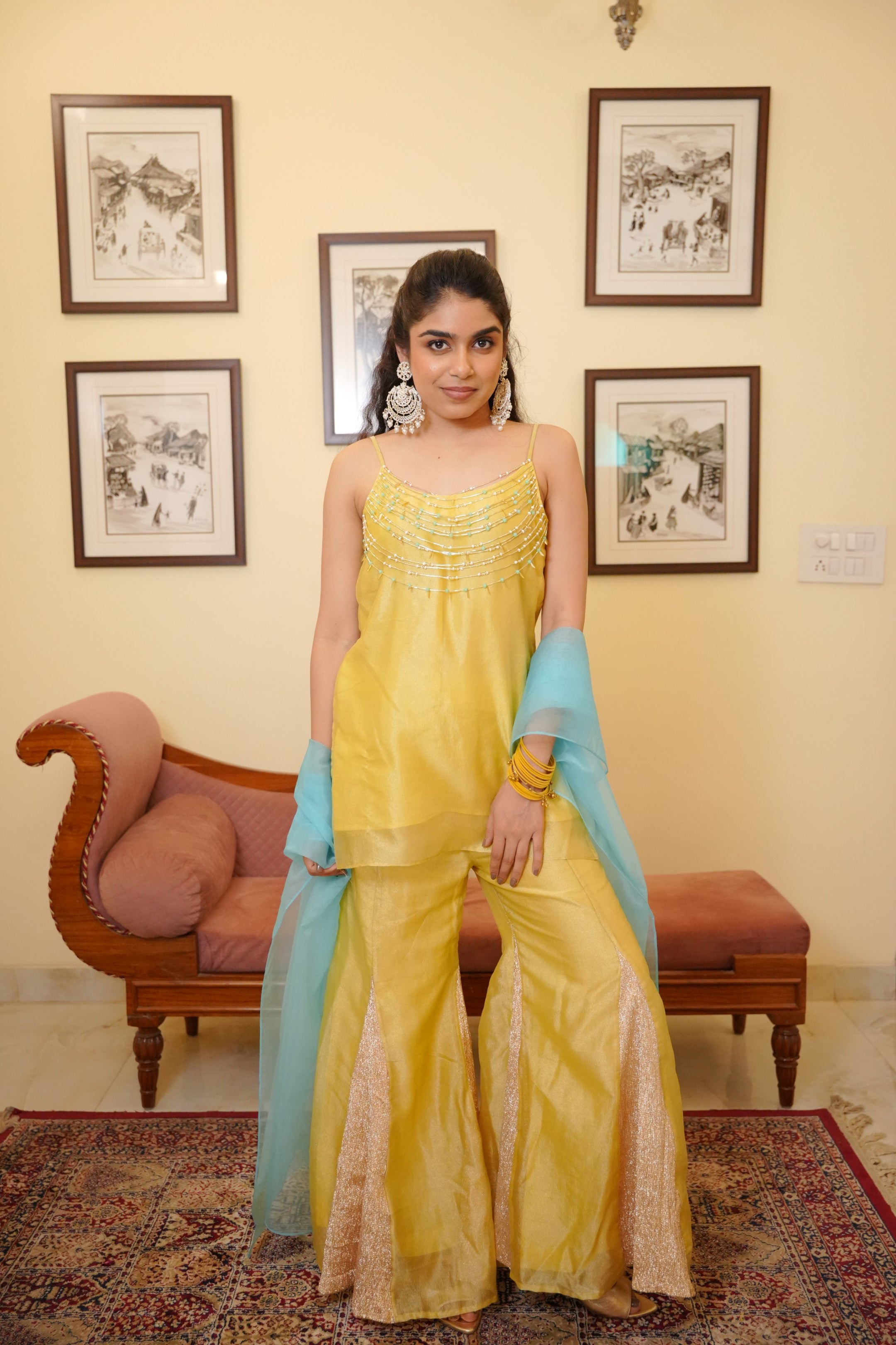Sunshine Yellow Zari Tissue Kurta Set with Hand-Beaded Neckline