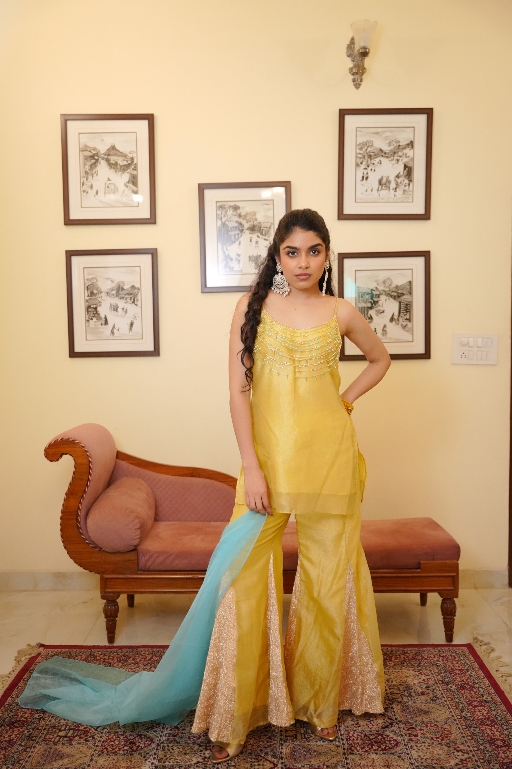 Sunshine Yellow Zari Tissue Kurta Set with Hand-Beaded Neckline