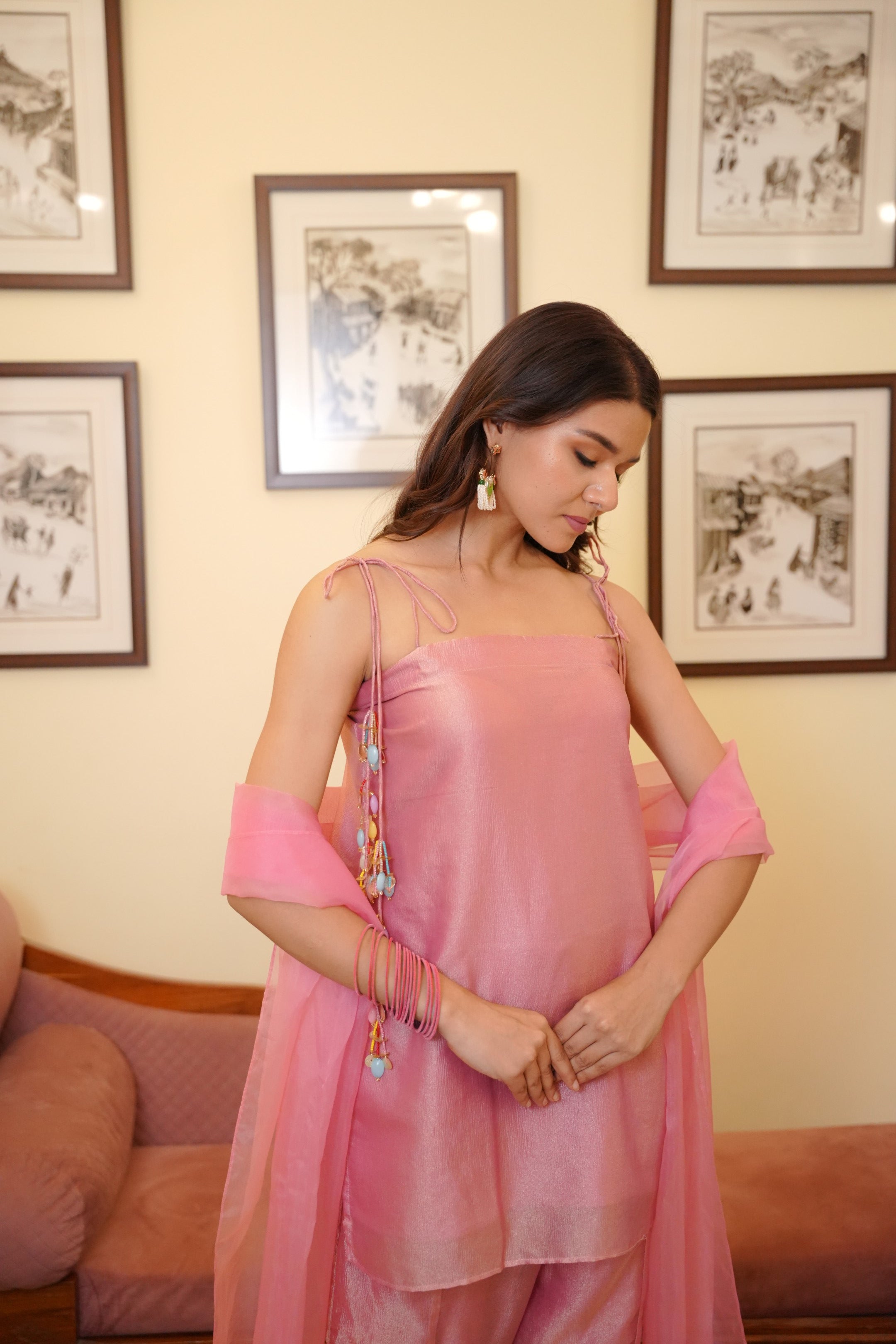 Blush Pink Zari Tissue Kurta Set with Statement Tassel Details
