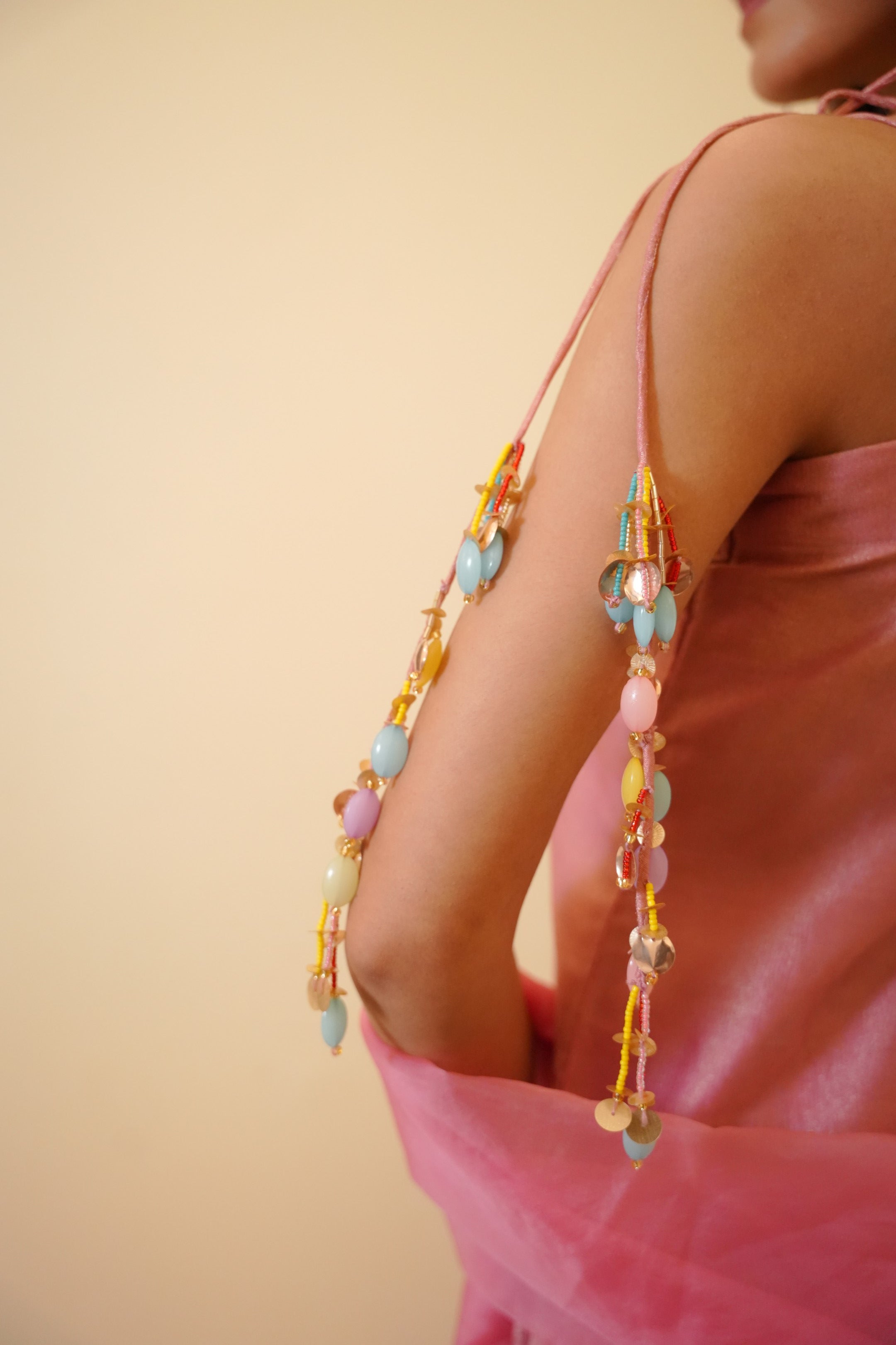 Blush Pink Zari Tissue Kurta Set with Statement Tassel Details