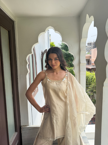 Ivory Zari Tissue Farshi Set with Delicate Handwork Detailing