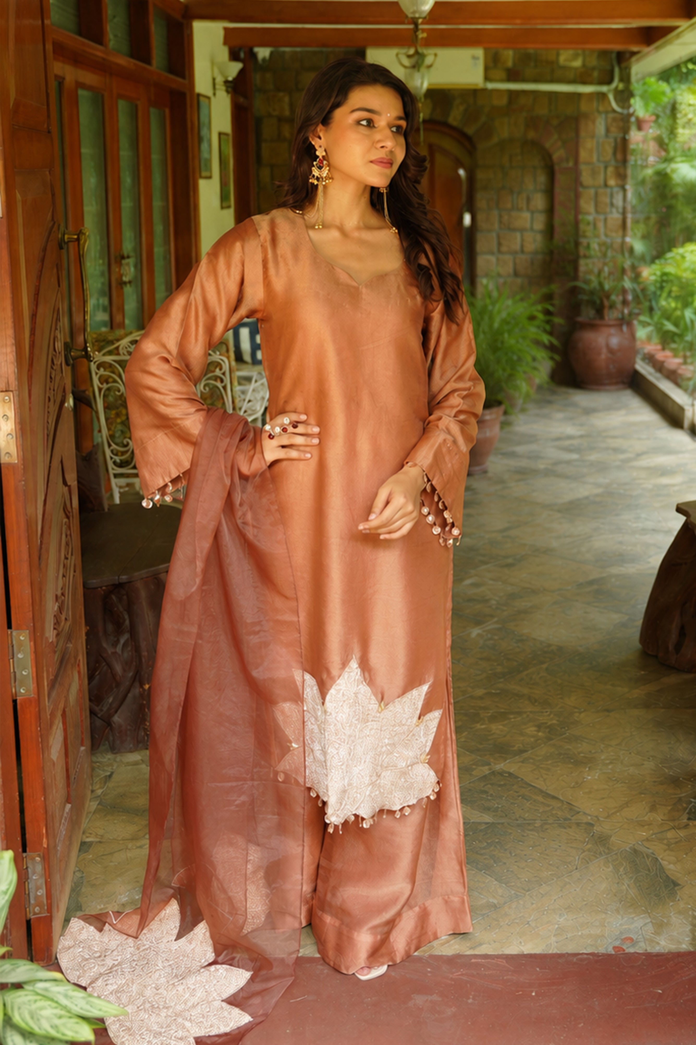 Copper Bloom Tissue Suit set with metallic panel