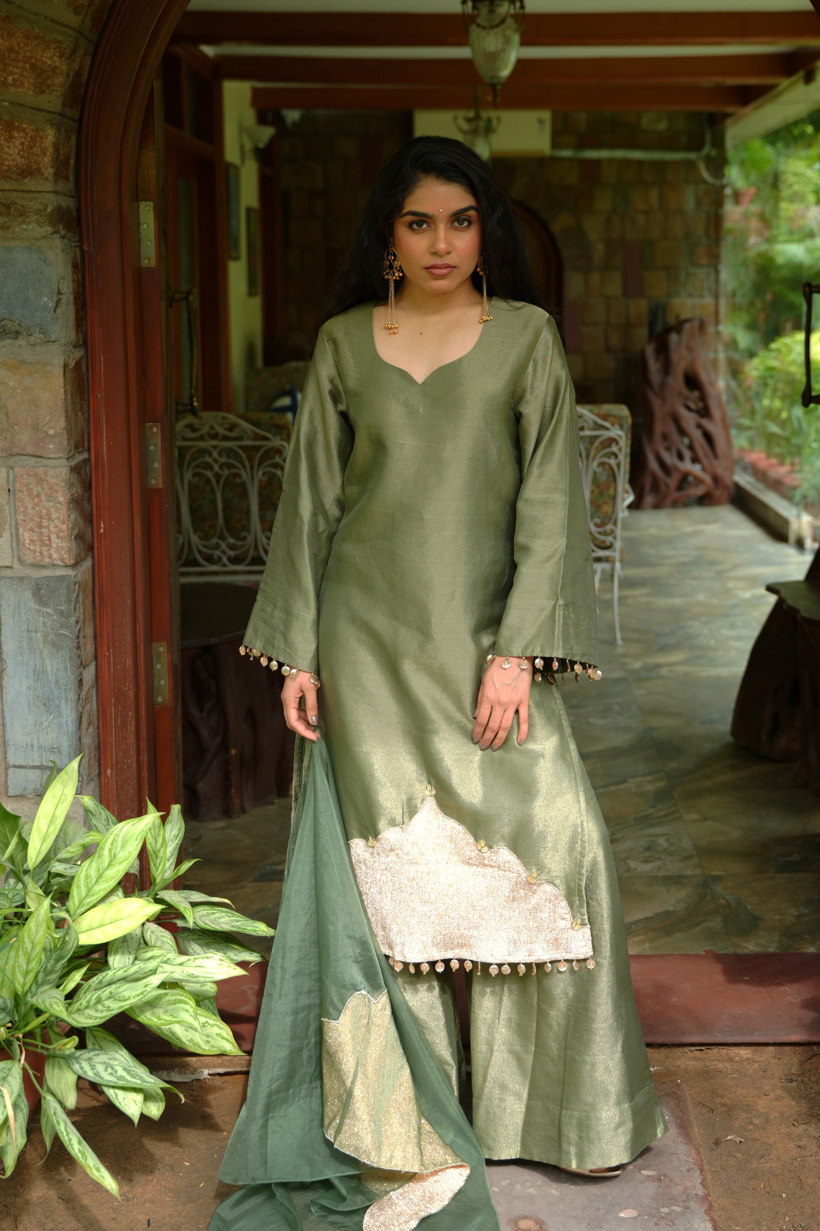 Sage Mist Tissue Suit set with metallic panel