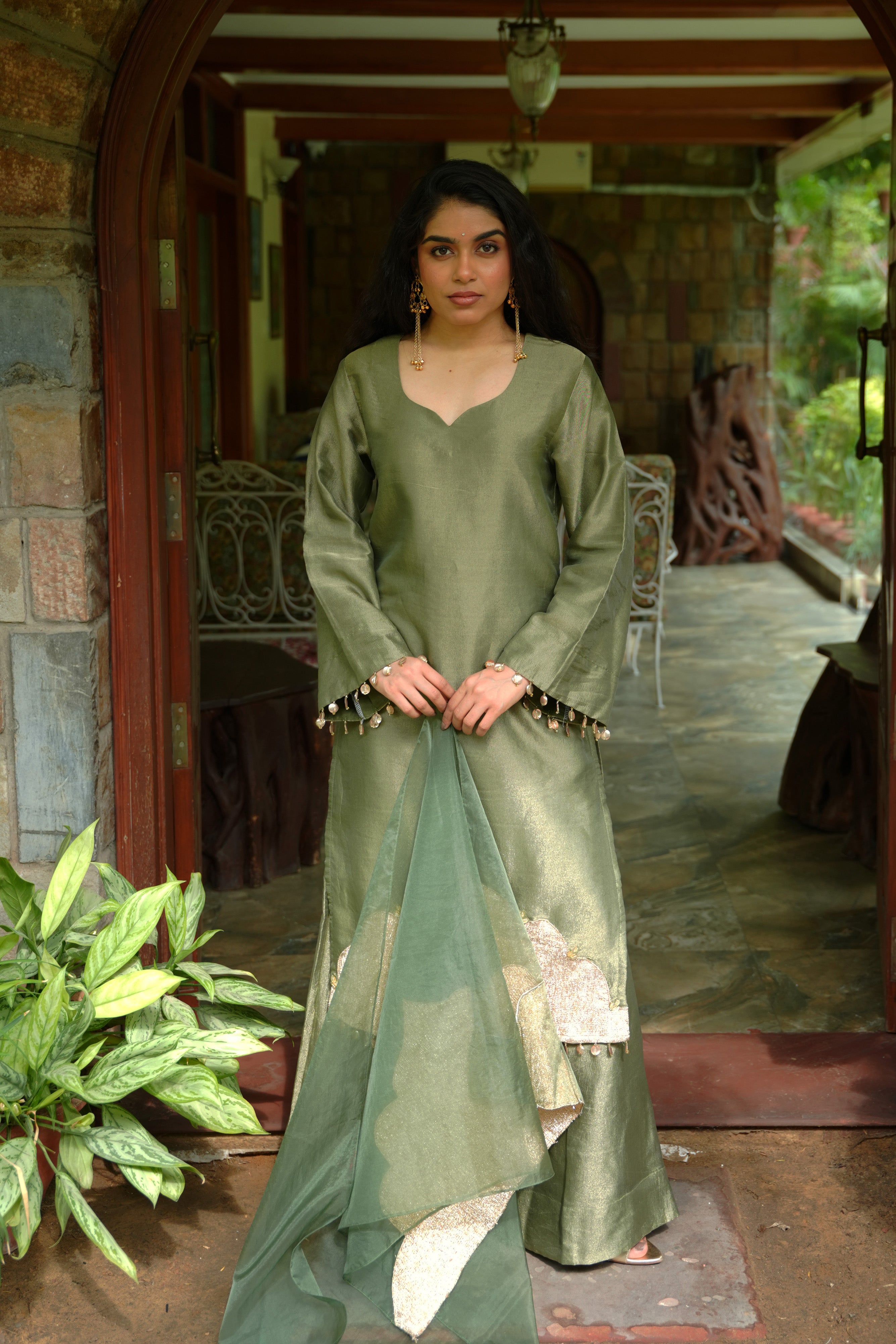 Sage Mist Tissue Suit set with metallic panel