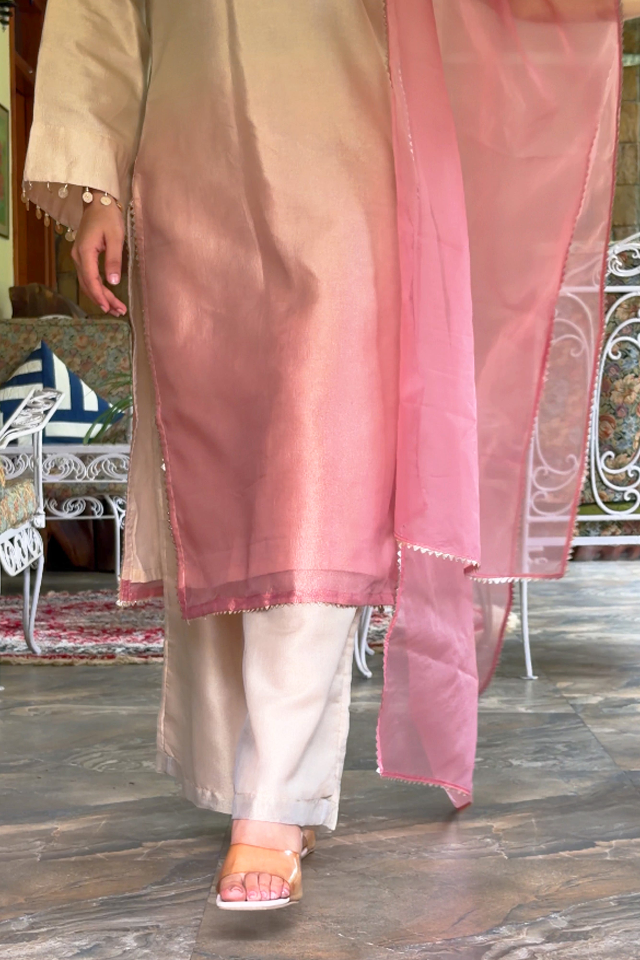 Blush Ombre Tissue Suit with Handwork detailing