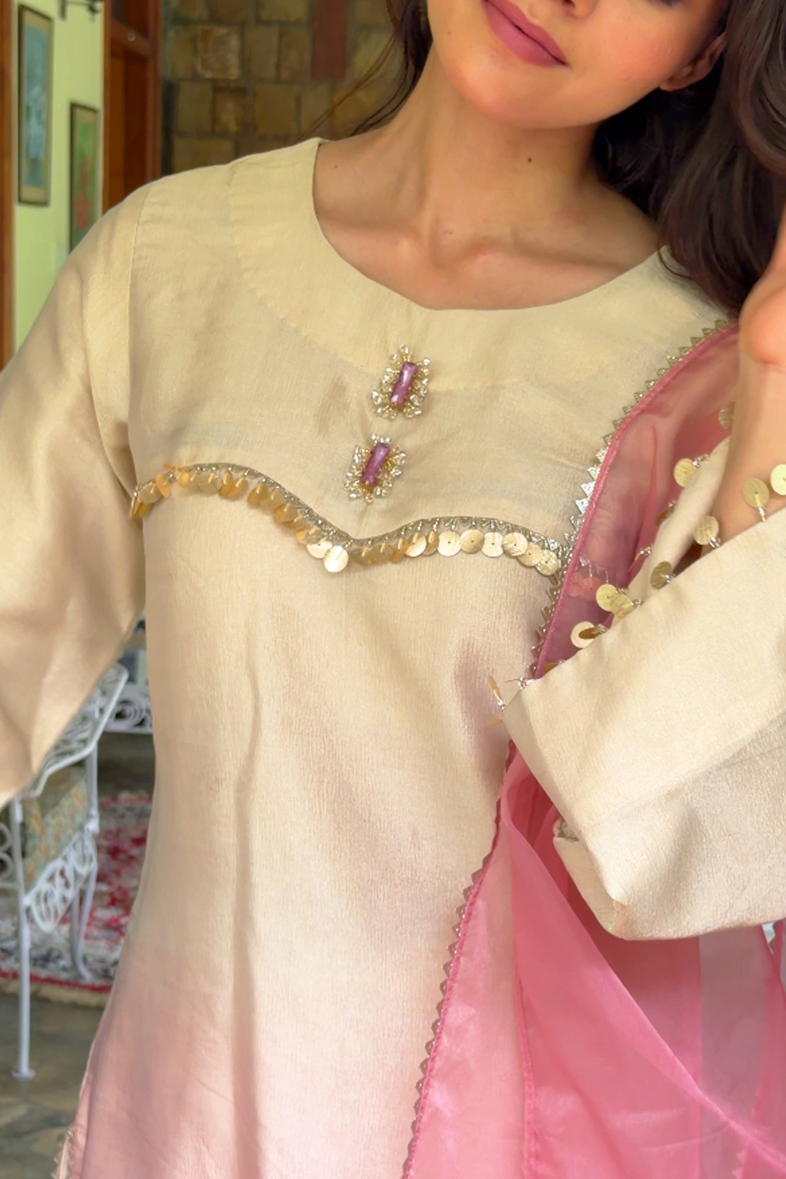 Blush Ombre Tissue Suit with Handwork detailing