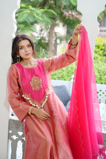 Rose Pink Tissue Anarkali Set