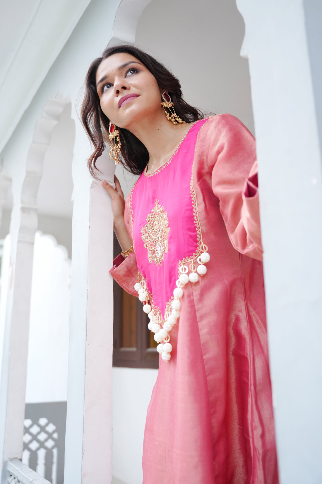 Rose Pink Tissue Anarkali Set