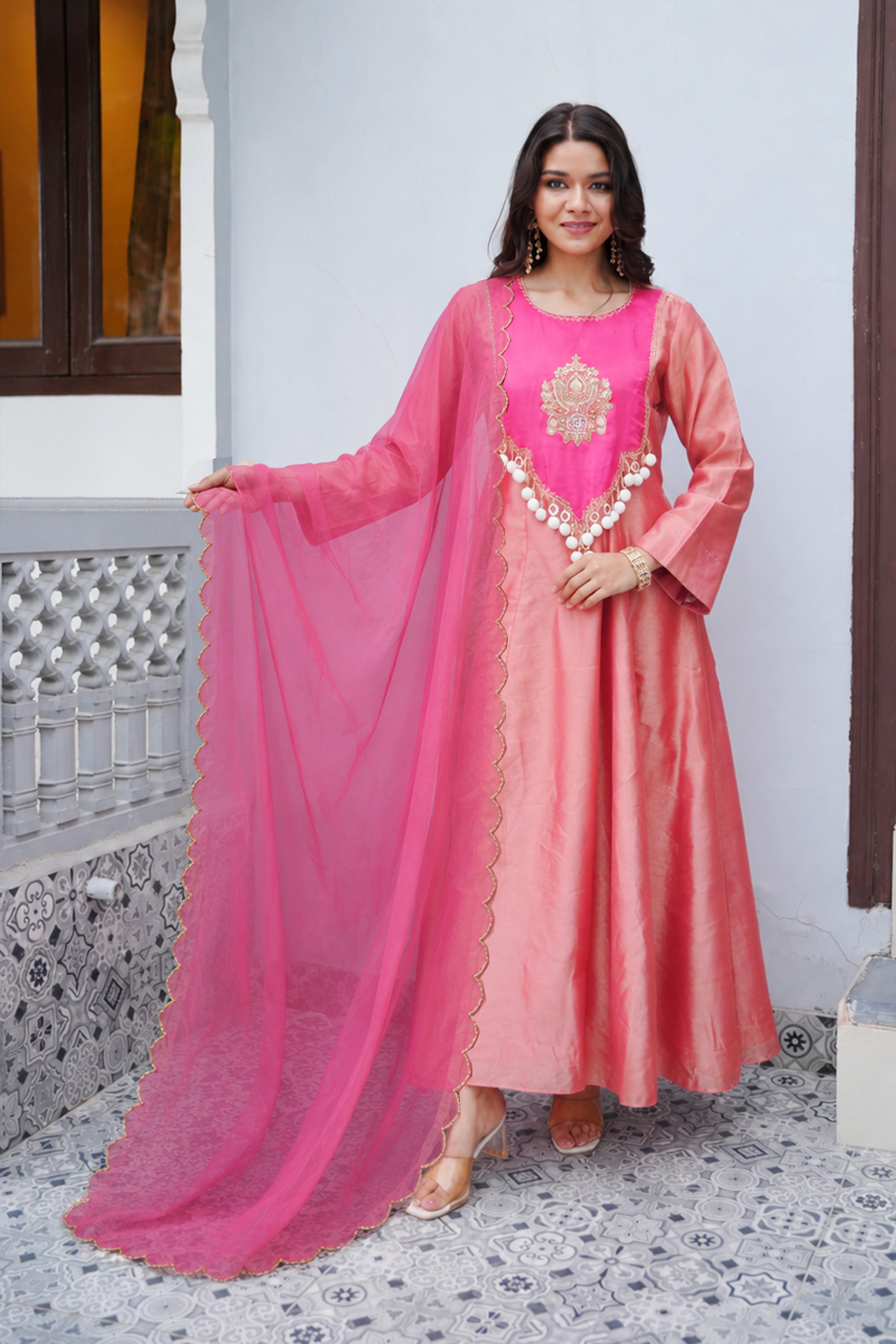Rose Pink Tissue Anarkali Set