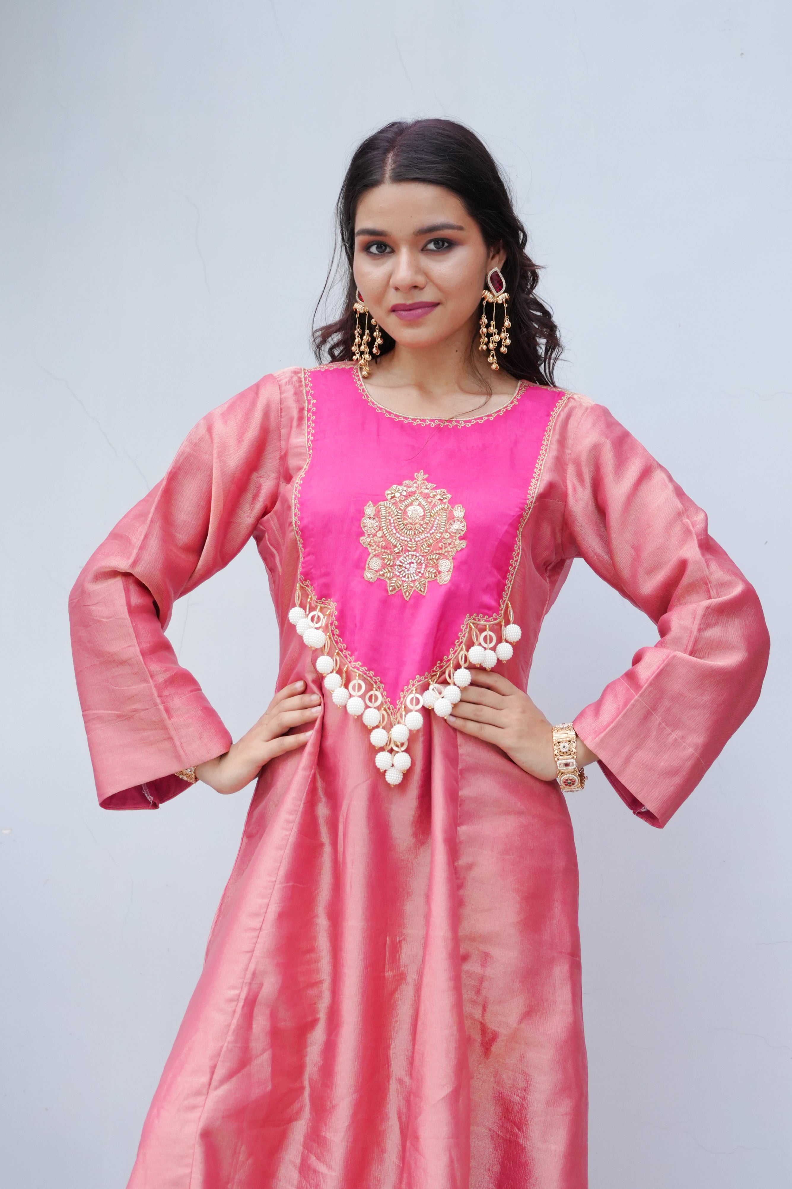 Rose Pink Tissue Anarkali Set
