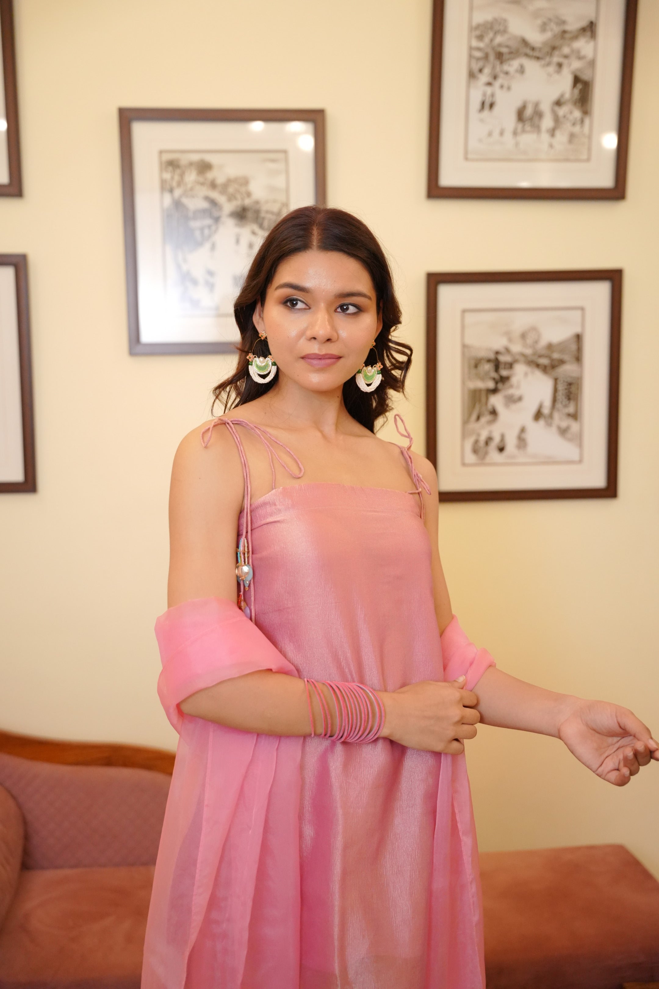 Blush Pink Zari Tissue Kurta Set with Statement Tassel Details