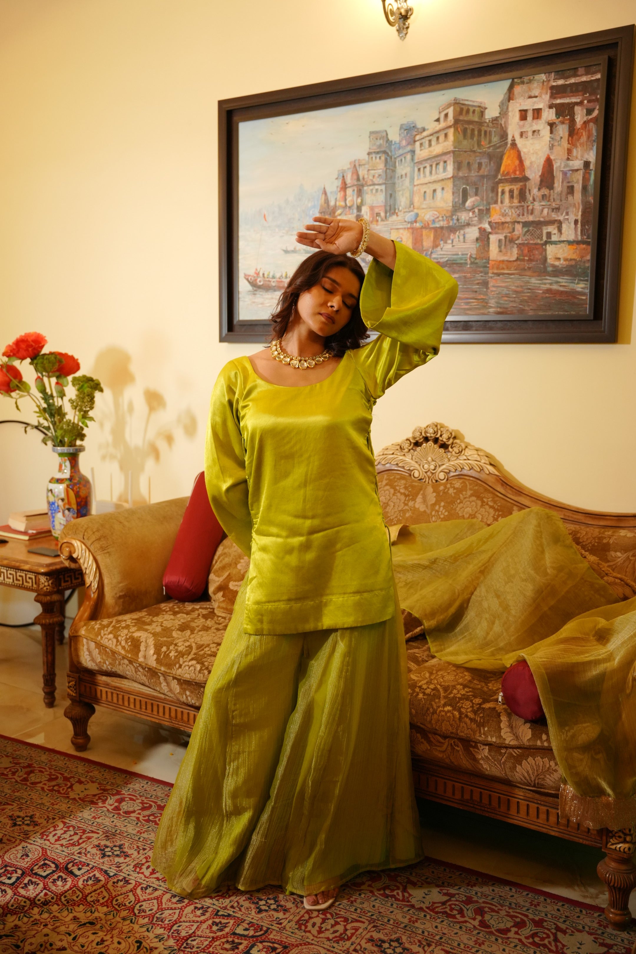 Neon Green Silk Kurta Set with Statement Tie-Up Detailing
