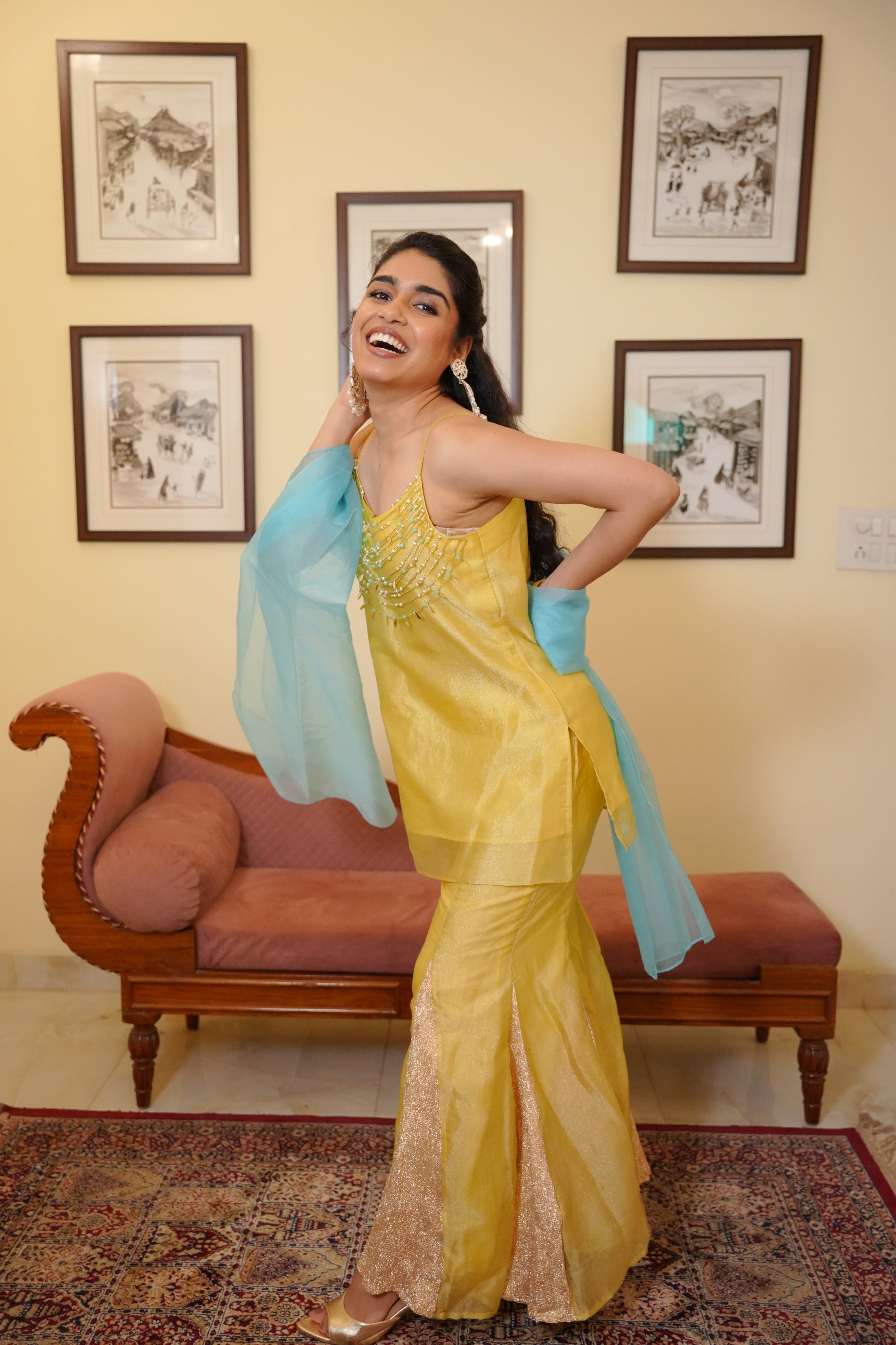Sunshine Yellow Zari Tissue Kurta Set with Hand-Beaded Neckline
