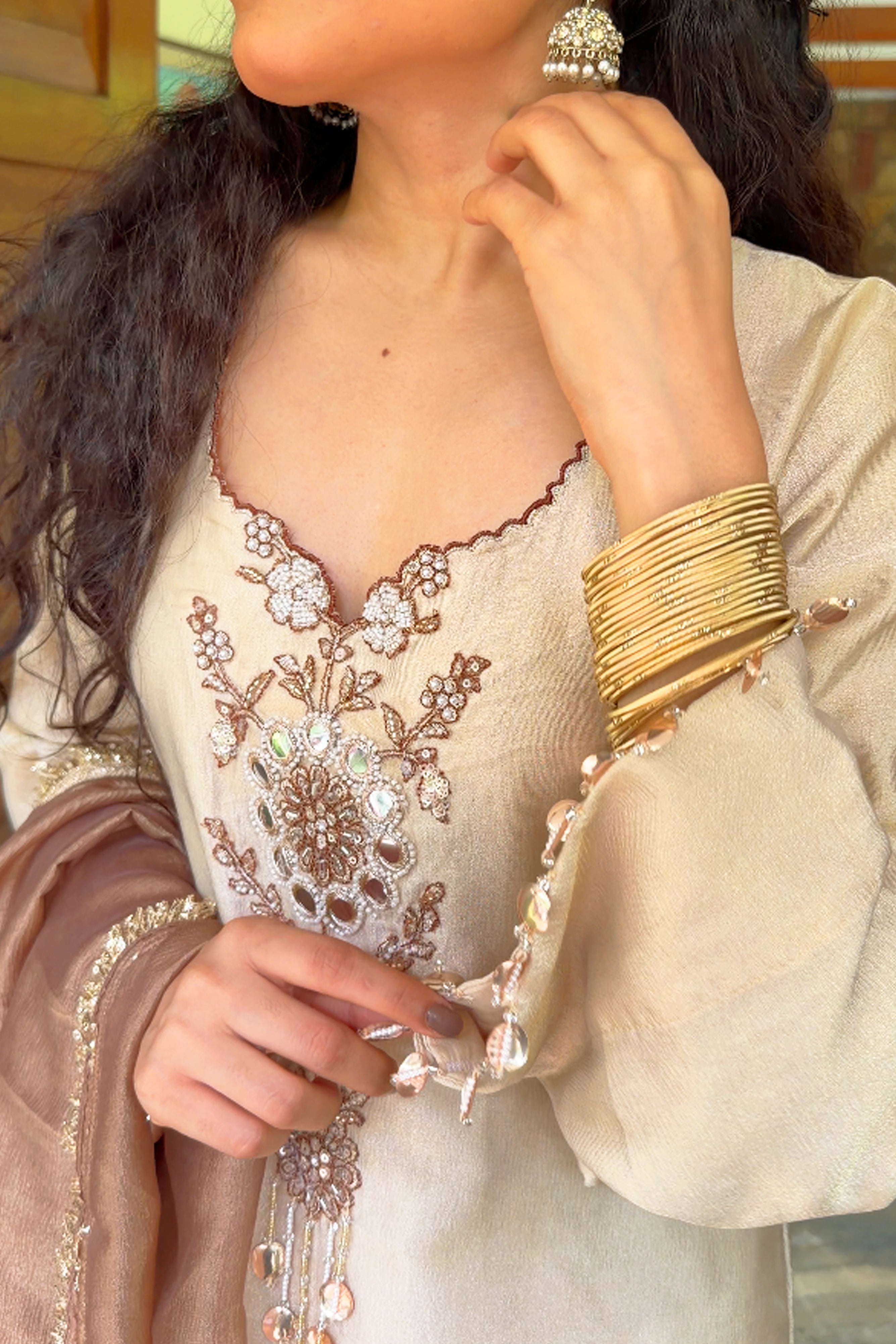 Champagne Gold Tissue Suit with Handwork detailing